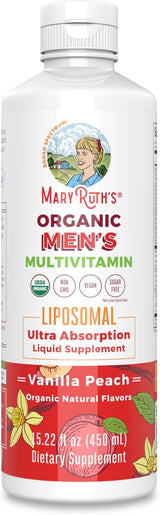 MaryRuth Organics Multivitamin for men | Sugar Free mens Multivitamin | Liquid Vitamins for men | Immune Support Supplement | Cognitive Health & Overall Wellness | Vegan | Non-GMO | 15.22 Fl Oz Vanilla Peach