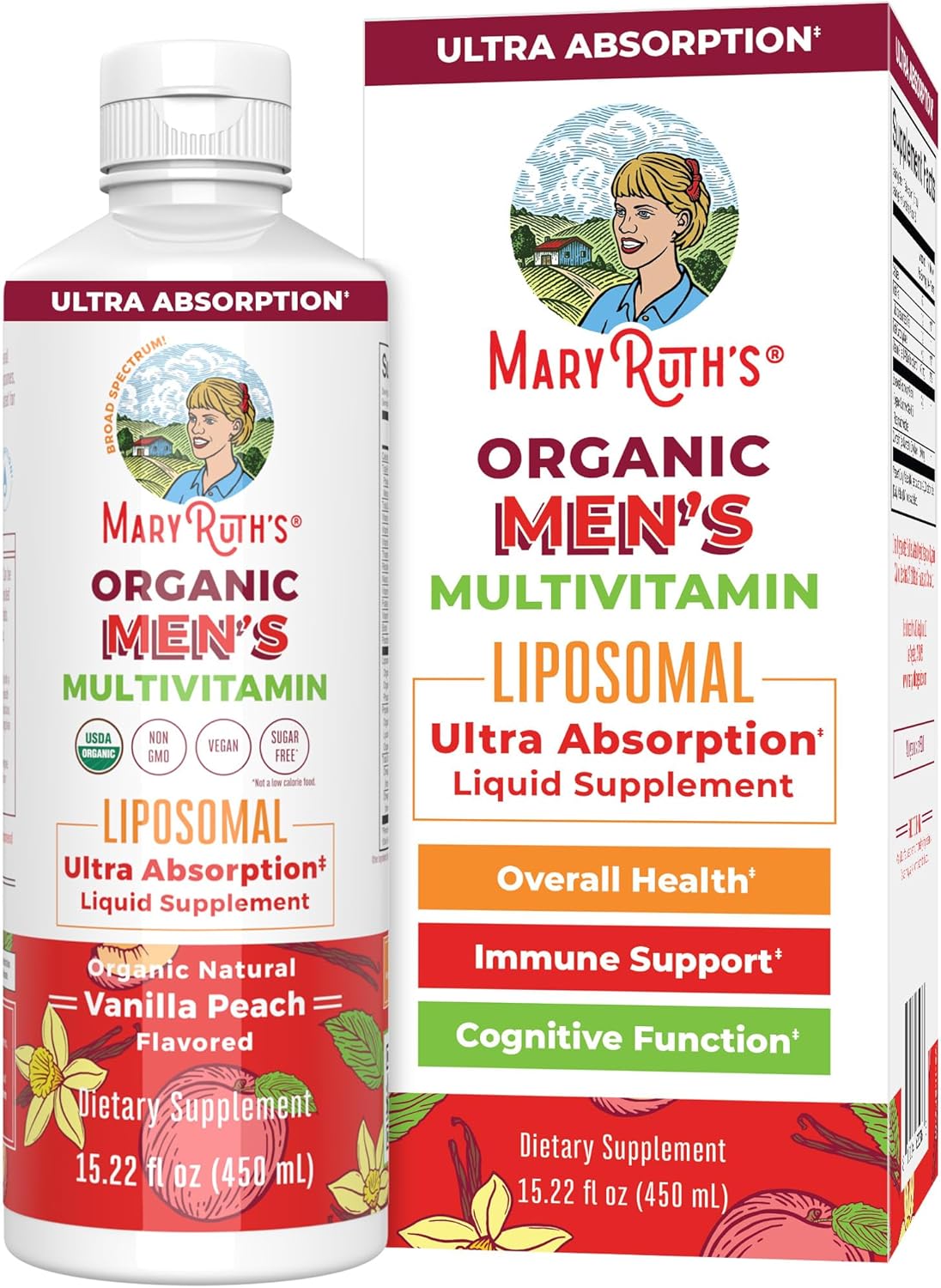 MaryRuth Organics Multivitamin for men | Sugar Free mens Multivitamin | Liquid Vitamins for men | Immune Support Supplement | Cognitive Health & Overall Wellness | Vegan | Non-GMO | 15.22 Fl Oz Vanilla Peach