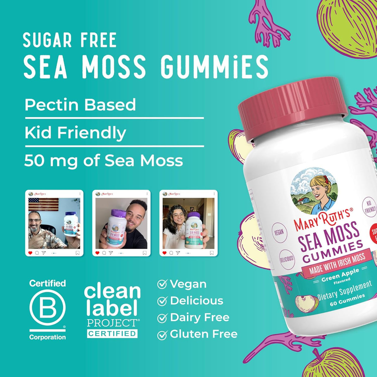 MaryRuth Organics Gummies Sugar Free Made with Irish Sea Moss for Gut Health and Immune Support Formulated for Adults and Kids Ages 4+ Vegan Non-GMO Gluten Free | 60 Count