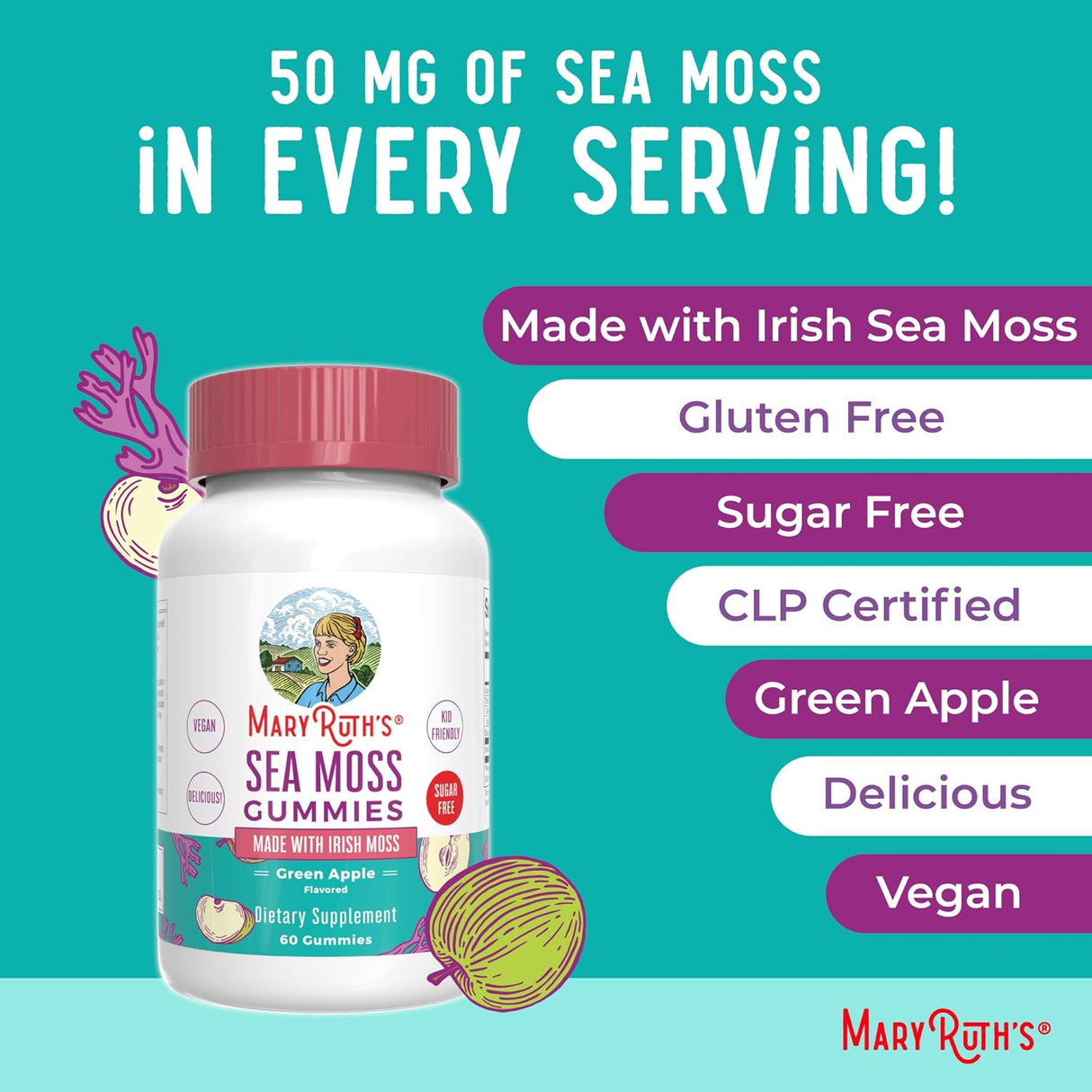 MaryRuth Organics Gummies Sugar Free Made with Irish Sea Moss for Gut Health and Immune Support Formulated for Adults and Kids Ages 4+ Vegan Non-GMO Gluten Free | 60 Count