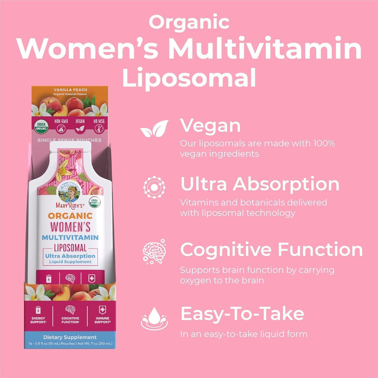 MaryRuth Organics USDA Organic Multivitamin for Women, Sugar Free Womens Multivitamin, Liquid Vitamins for Women, Immune Support Supplement, Ashwagandha, Methylfolate, Vegan, Non-GMO, 14 Servings