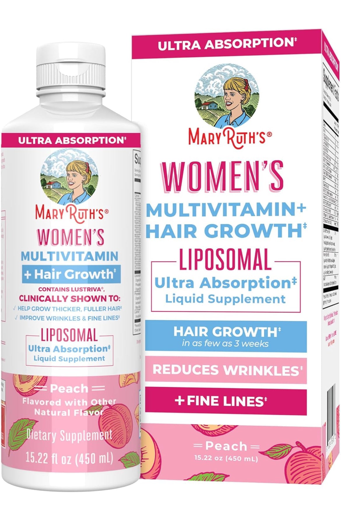 Mary Ruth’s Women's Peach - Multivitamin + Lustriva Hair Growth Liposomal | Biotin | Vitamin D| B Vitamins | Clinically Tested for Thicker Hair, Wrinkles, Fine Lines, Skin Care | Ages 18+ | Hair Vitamins | 15 Fl Oz