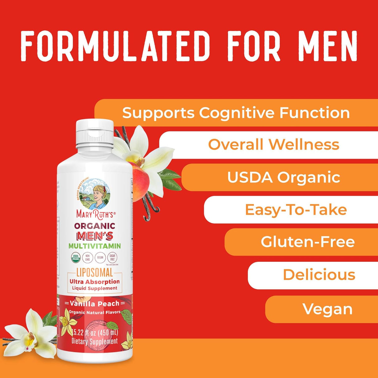 MaryRuth Organics Multivitamin for men | Sugar Free mens Multivitamin | Liquid Vitamins for men | Immune Support Supplement | Cognitive Health & Overall Wellness | Vegan | Non-GMO | 15.22 Fl Oz Vanilla Peach