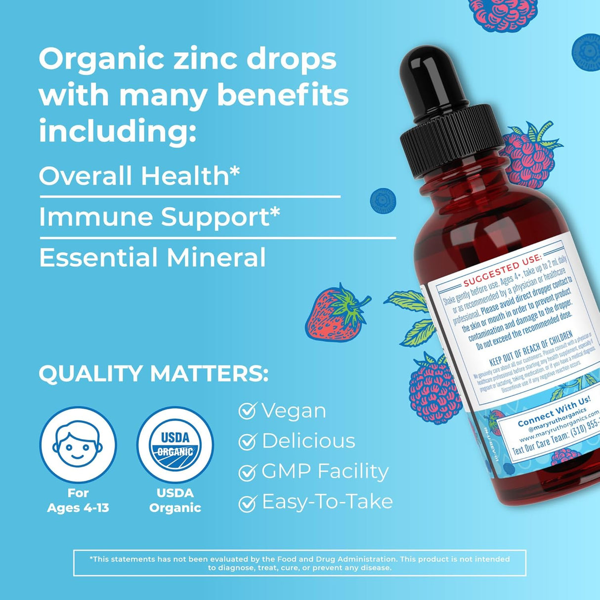 MaryRuth Organics Zinc Supplements for Immune Support, Liquid Zinc Supplement, Immune Support Supplement for Kids, Ages 4-13, Zinc Sulfate, Vegan, USDA Organic, Glycerin Based, 2 Fl Oz