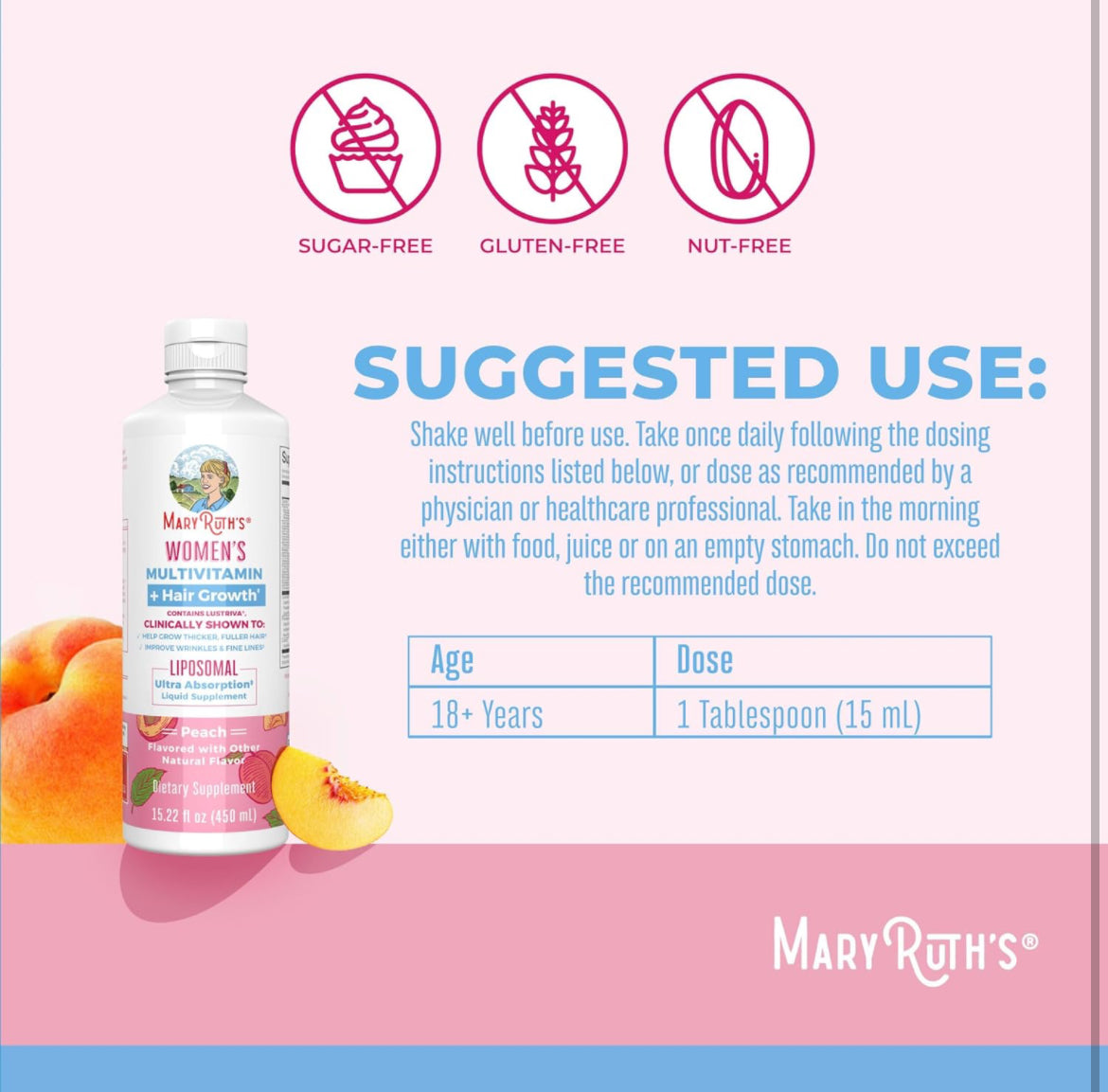 Mary Ruth’s Women's Peach - Multivitamin + Lustriva Hair Growth Liposomal | Biotin | Vitamin D| B Vitamins | Clinically Tested for Thicker Hair, Wrinkles, Fine Lines, Skin Care | Ages 18+ | Hair Vitamins | 15 Fl Oz