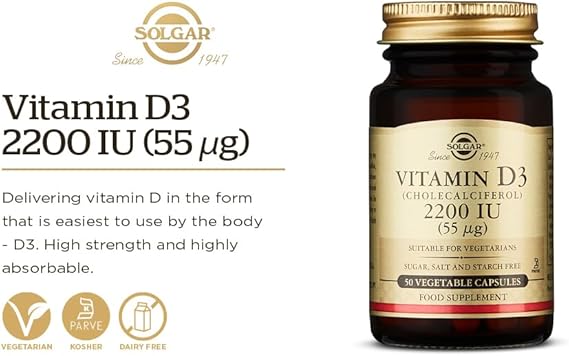 Solgar Vitamin D3 (Cholecalciferol) 55 mcg (2200 IU) Vegetable Capsules 50V cap