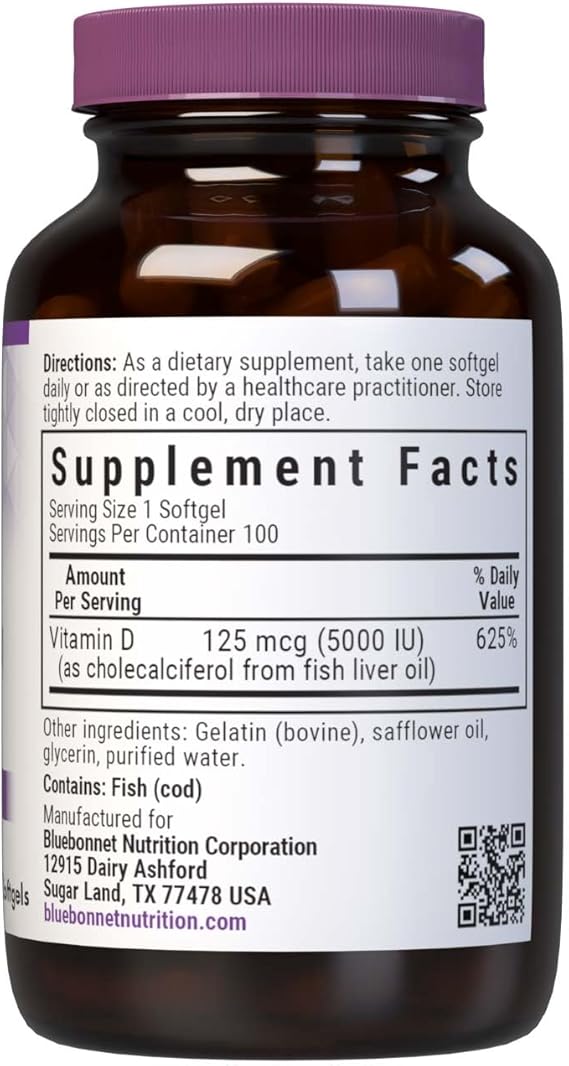 Bluebonnet Vitamin D3 125 mcg (5000 IU) Fish Oil Source