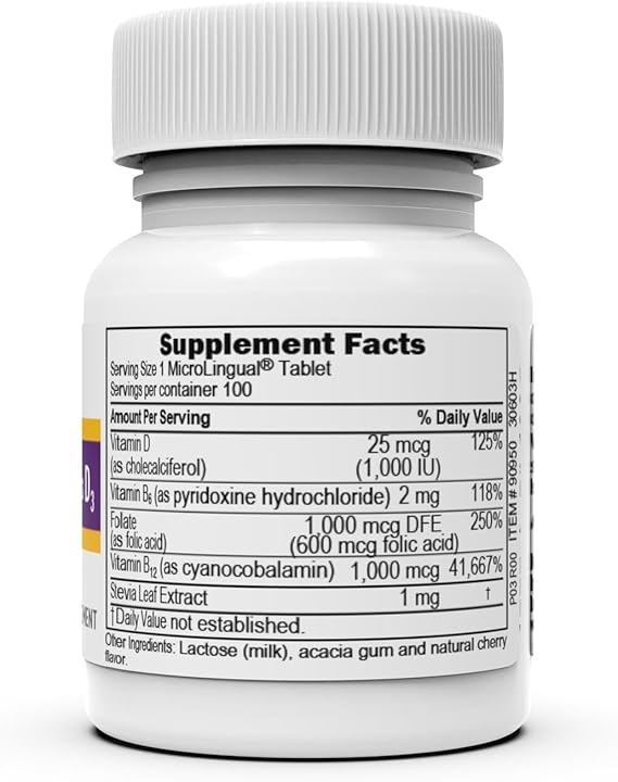 B-12 1,000 mcg B-6 2 mg & Folic Acid 600 mcg Plus D3 25 mcg