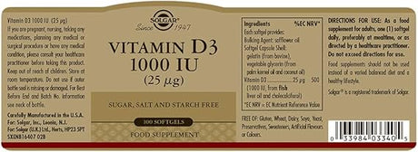 Solgar Vitamin D3 (Cholecalciferol) 25 mcg (1000 IU) Softgels 100softgel