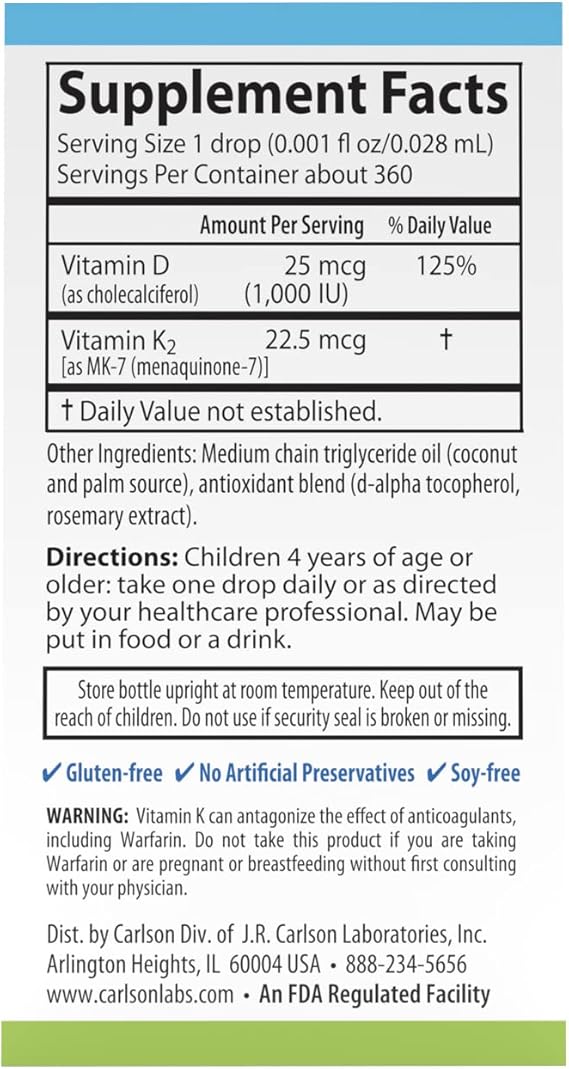 Carlson Kids Super Daily D3+K2 (25mcg (1,000 IU) & 22.5 mcg)