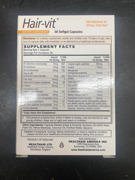 Hair-Vit vital nutrients for strong hair 30 soft gel caps