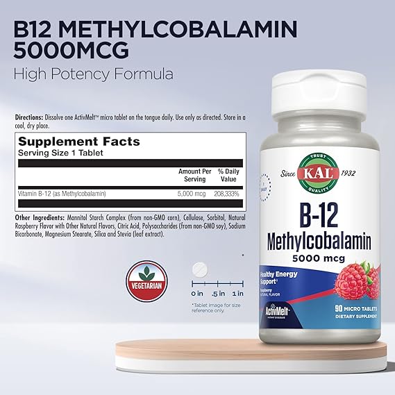 Kal B-12 Methylcobalamin Raspberry 90CT 5000MCG Lozenge