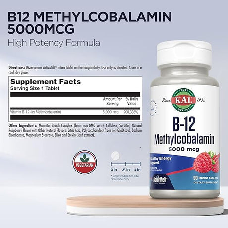 Kal B-12 Methylcobalamin Raspberry 90CT 5000MCG Lozenge