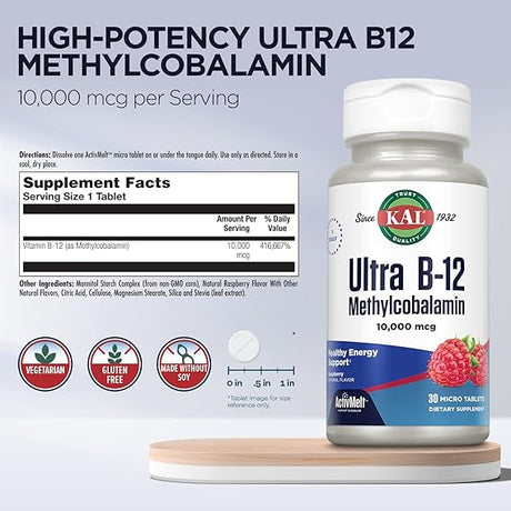 Kal Ultra B-12 Methyl ActivMelt Raspberry 30CT 10000MCG Lozenge