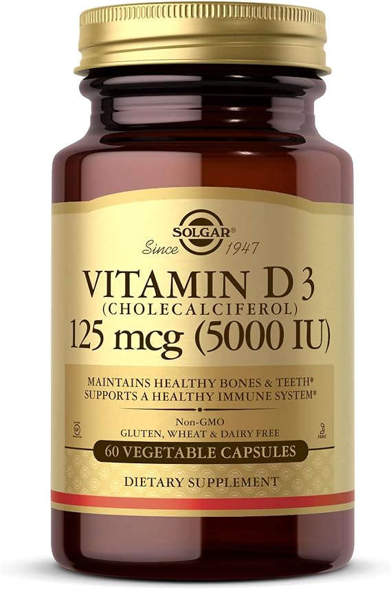 Solgar Vitamin D3 (Cholecalciferol) 125 mcg (5,000 IU) Vegetable Capsules 60V cap