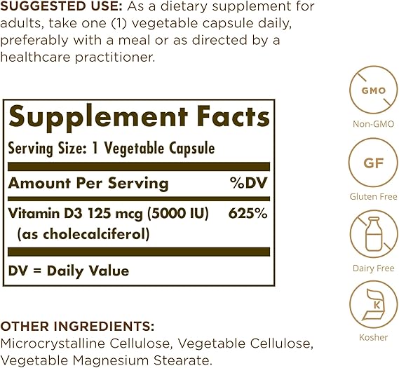 Solgar Vitamin D3 (Cholecalciferol) 125 mcg (5,000 IU) Vegetable Capsules 60V cap