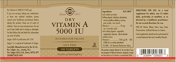 Solgar Dry Vitamin A 1500 mcg (5000 IU) Tablets 100tablet