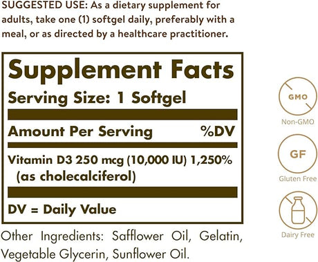 Solgar Vitamin D3 (Cholecalciferol) 250 mcg (10,000 IU) Softgels 120softgel