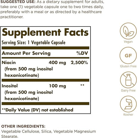 Solgar No-Flush Niacin 500 mg Vegetable Capsules (Vitamin B3) (Inositol Hexanicotinate) 100V cap