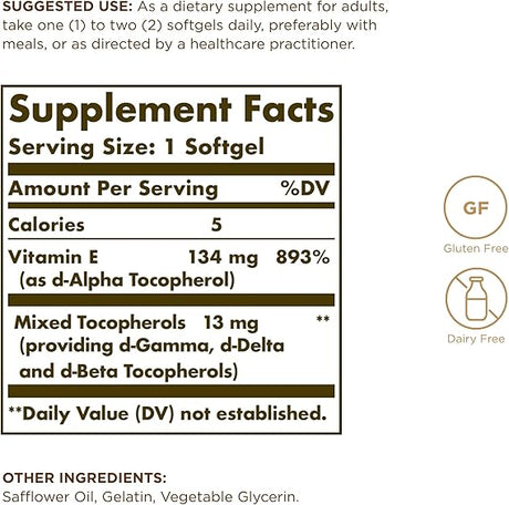 Solgar Vitamin E 134 mg (200 IU) Mixed Softgels (d-Alpha Tocopherol & Mixed Tocopherols) 100softgel