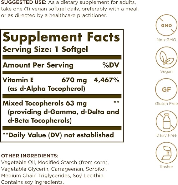 Solgar Vitamin E 670 mg (1000 IU) Vegan Softgels (d-Alpha Tocopherol & Mixed Tocopherols) 100softgel