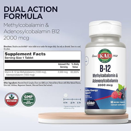 Kal B-12 Methylcobalamin Adenosyl Mixed Berry 60CT 2000MCG Lozenge