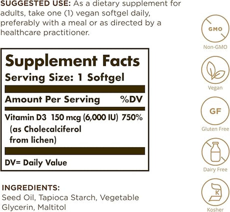 Solgar Vegan Vitamin D3 150 mcg (6000 IU) Softgels  100softgel