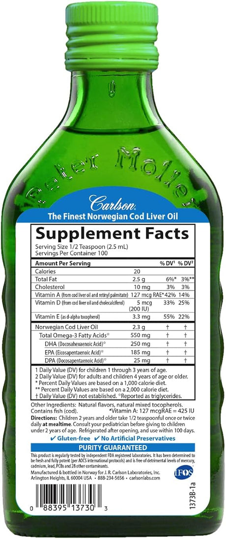 Carlson Kid's Norwegian Cod Liver Oil 550 mg Omega-3s + Vitamins A&D3 Green Apple Flavor