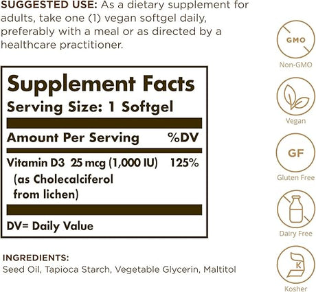 Solgar Vegan Vitamin D3 25 mcg (1000 IU) Softgels  120softgel