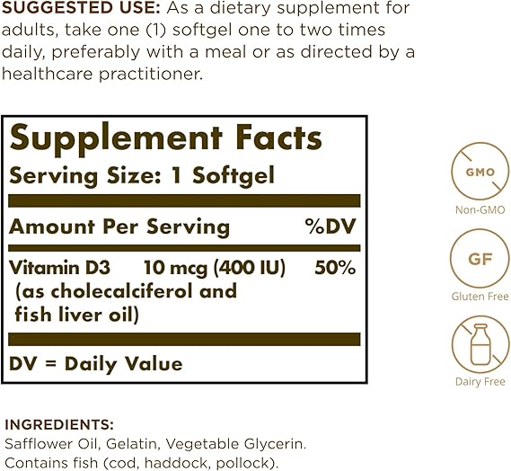 Solgar Vitamin D3 (Cholecalciferol) 10 mcg (400 IU) Softgels 250softgel