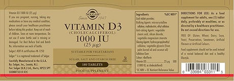 Solgar Vitamin D3 (Cholecalciferol) 25 mcg (1000 IU) Tablets 180tablet