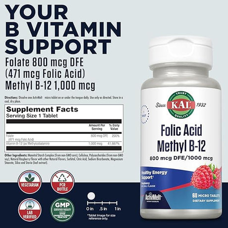 Kal Folic Acid Methyl B-12 Raspberry 60CT 800MCG Lozenge