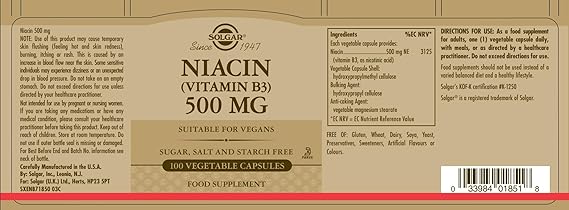 Solgar Niacin (Vitamin B3) 500 mg Vegetable Capsules 100V cap