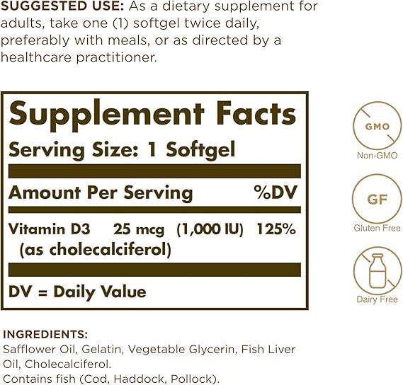 Solgar Vitamin D3 (Cholecalciferol) 25 mcg (1000 IU) Softgels 250softgel