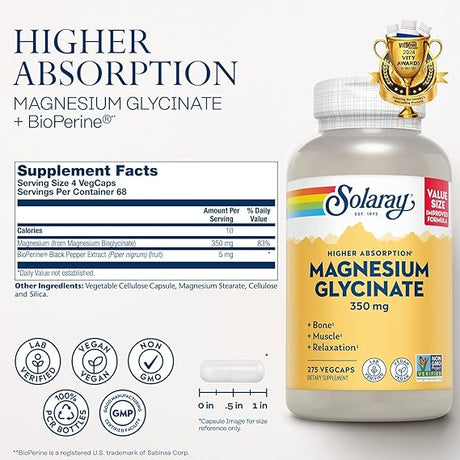 Solaray High Absorption Magnesium Glycinate 275CT 350MG Veg Capsule