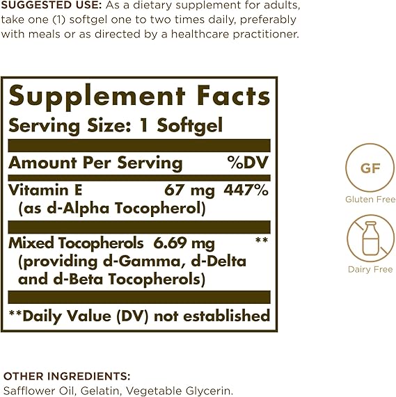 Solgar Vitamin E 67 mg (100 IU) Mixed Softgels (d-Alpha Tocopherol & Mixed Tocopherols) 100softgel