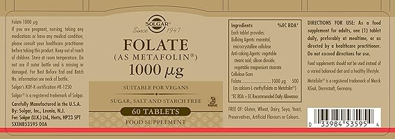 Solgar Folate 1000 mcg (Metafolin® 1,000 mcg) Tablets 60tablet