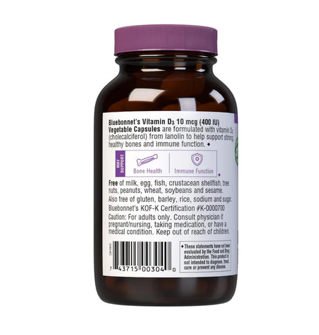 Bluebonnet Vitamin D3 10 mcg (400 IU) Lanolin Source