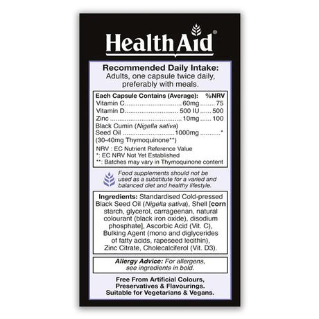 Health Aid Black Seed Oil 1000 mg With Vitamin C, D & Zinc