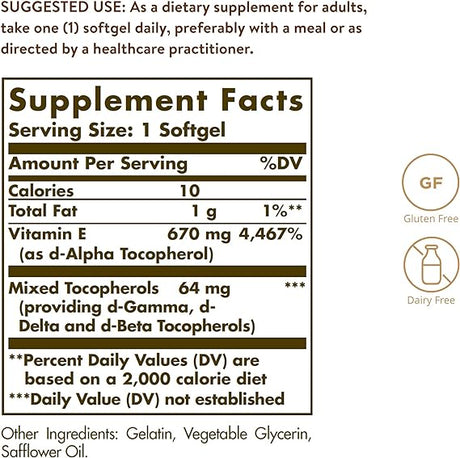 Solgar Vitamin E 670 mg (1000 IU) Mixed Softgels (d-Alpha Tocopherol & Mixed Tocopherols) 100softgel