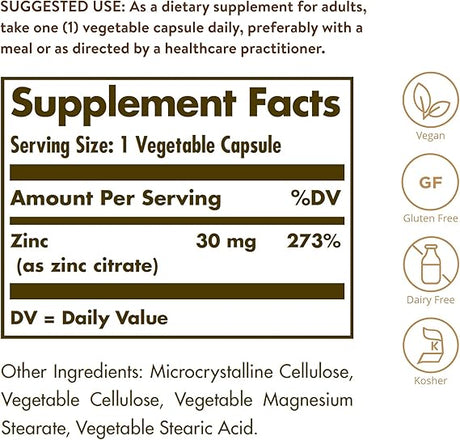 Solgar Zinc Citrate 30 mg Vegetable Capsules 100V cap