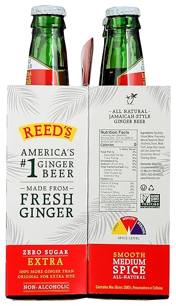 REED`S Extra Zero Sugar Ginger Beer 12 OZ Pack of 4