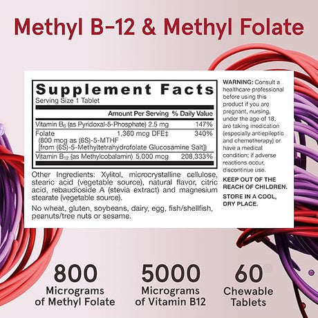 Vegan Methyl B12 5000 mcg & Methyl Folate 800 mcg Plus P-5-P Cherry Flavor