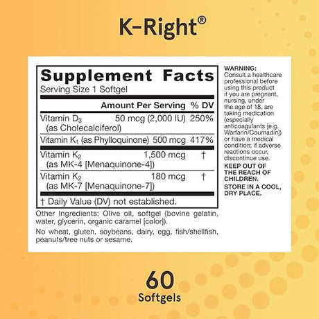 Jarrow Formulas K- Right Vitamin K Complex K1+MK-4+MK-7+D3