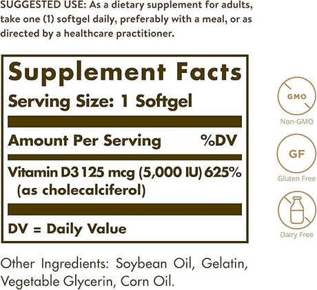 Solgar Vitamin D3 (Cholecalciferol) 125 mcg (5,000 IU) Softgels 100softgel