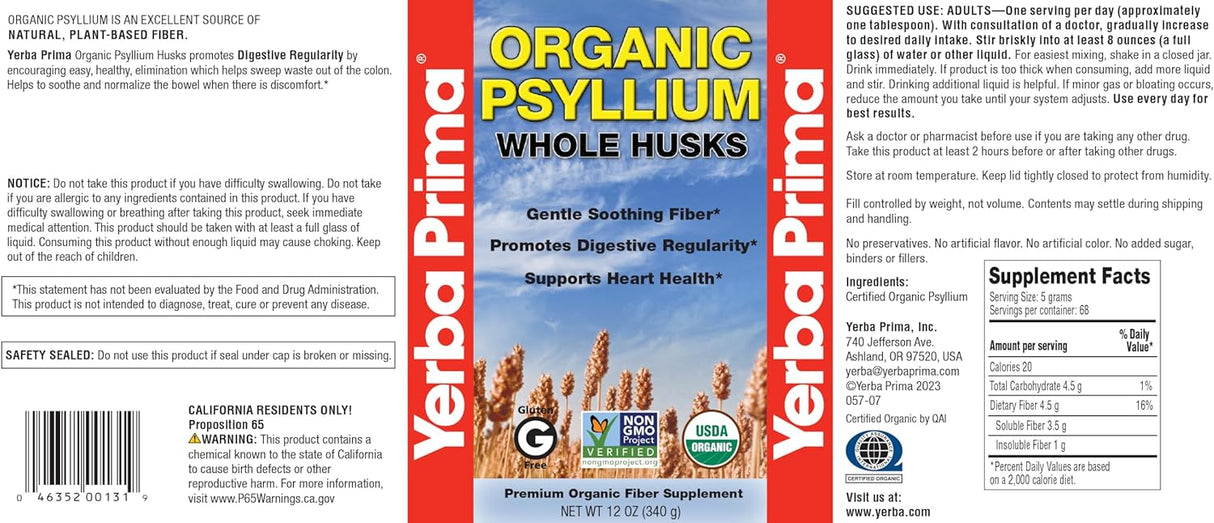 YERBA PRIMA ORG PSYLLIUM WHOLE HUSKS 12OZ