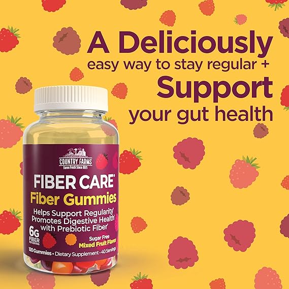 Country Farms Fiber Care Prebiotic Gummies, 6g of Fiber Per Serving, FOS from Beets, Digestive Health, Supports Regularity, Mixed Fruit Flavor, 120 Gummies, 40 Servings, Multi