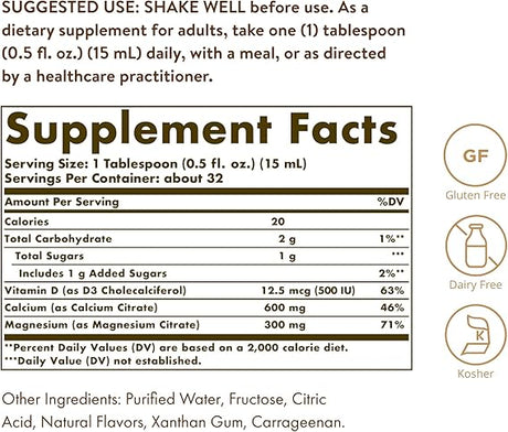 Solgar Liquid Calcium Magnesium Citrate with Vitamin D3 - Natural Strawberry Flavor 16 ozliquid