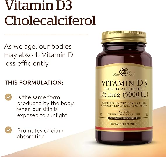 Solgar Vitamin D3 (Cholecalciferol) 125 mcg (5,000 IU) Vegetable Capsules 240V cap