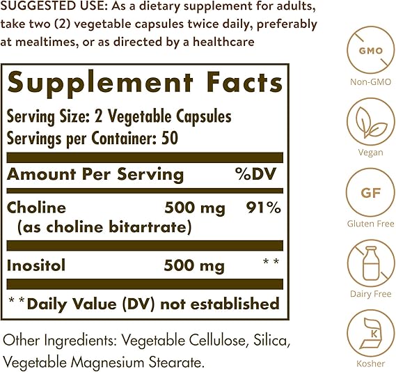 Solgar Choline/Inositol 500 mg/500 mg Vegetable Capsules 100V cap